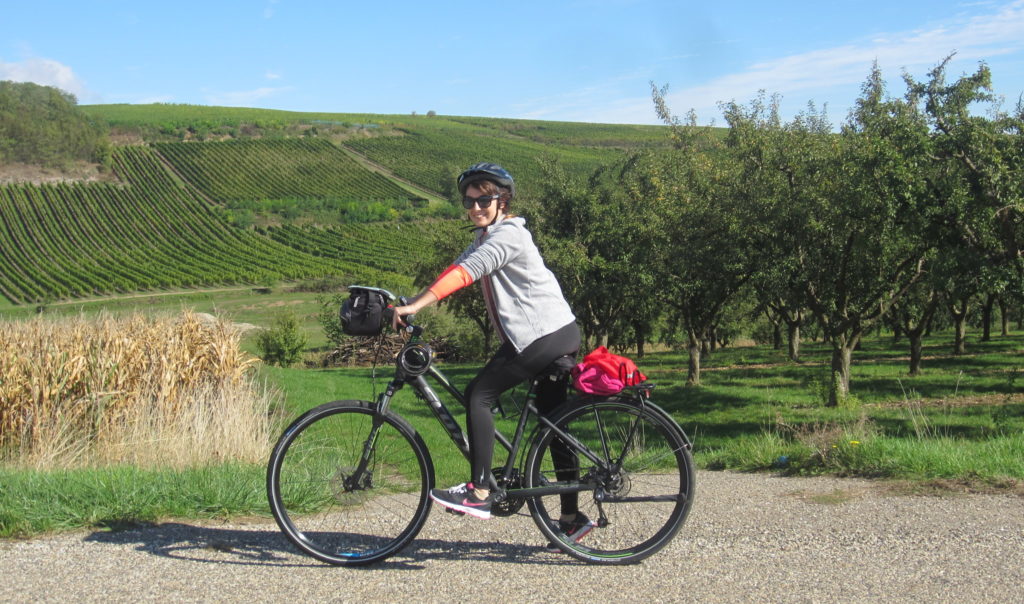 cycliste avec vélo dans les vignobles, affaires à vélo